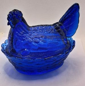Cobalt Blue Depression Style Glass Nesting Chicken Hen Nest Candy Dish with Lid.